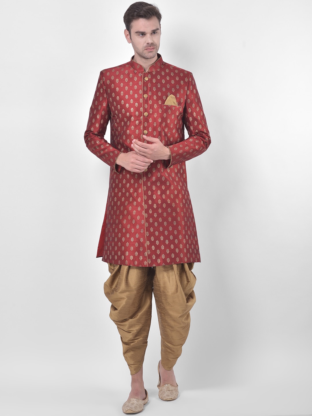 DEYANN Men Red & Gold-Coloured Printed Sherwani Patiala Set