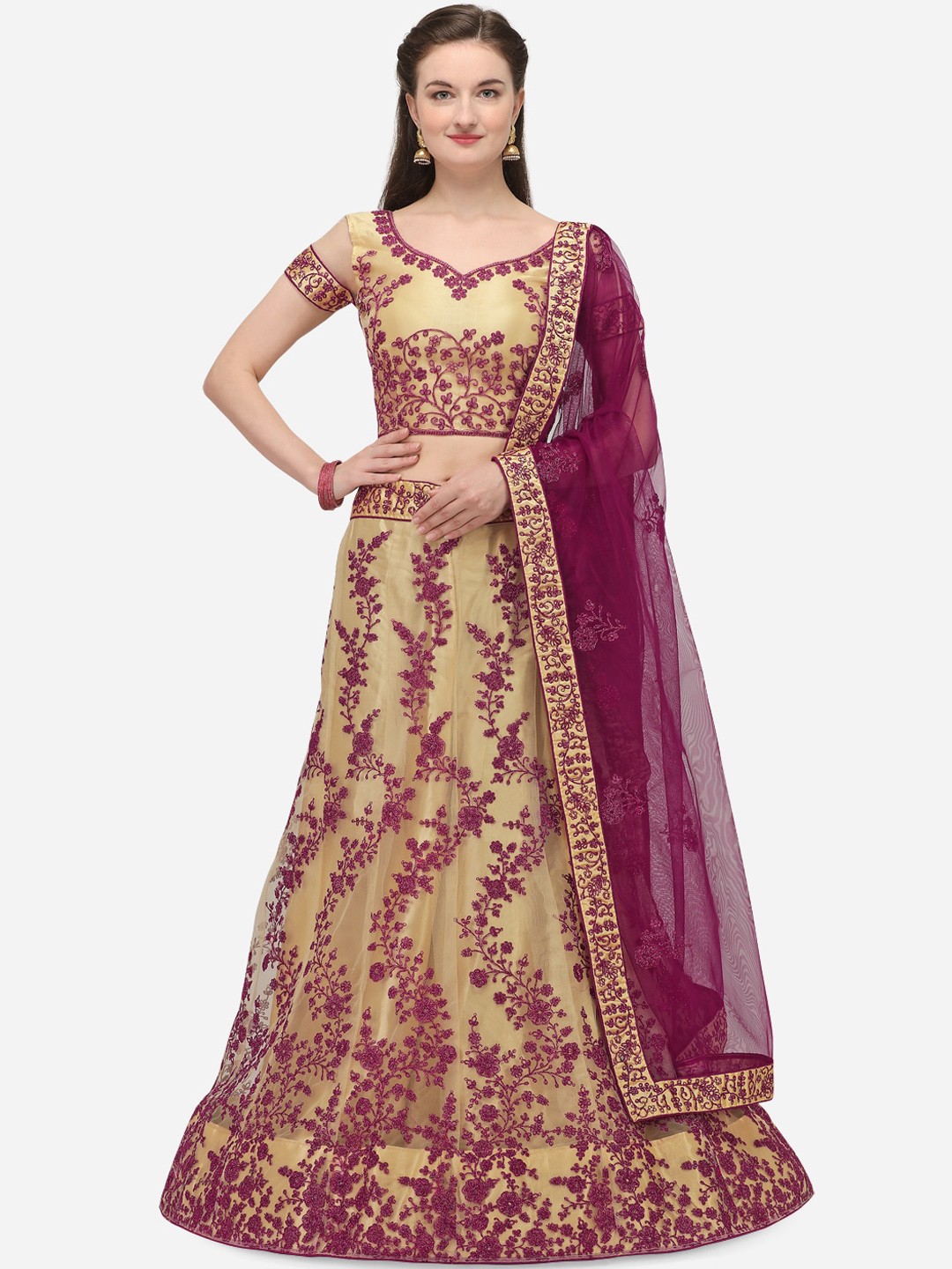 

Netram Beige & Purple Embroidered Semi-Stitched Lehenga & Unstitched Blouse with Dupatta