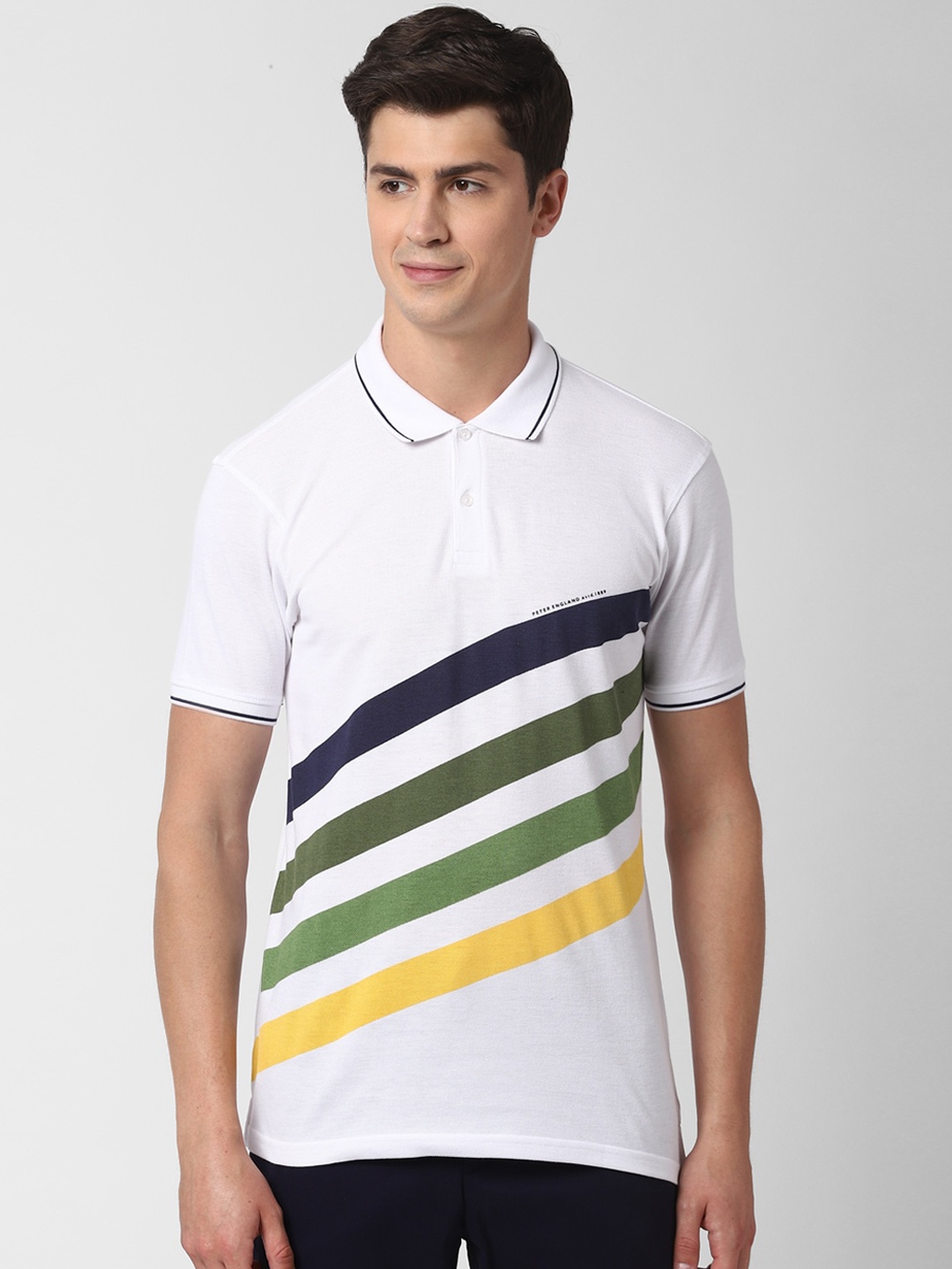 Peter England Casuals Men White Striped Polo Collar Slim Fit T-shirt