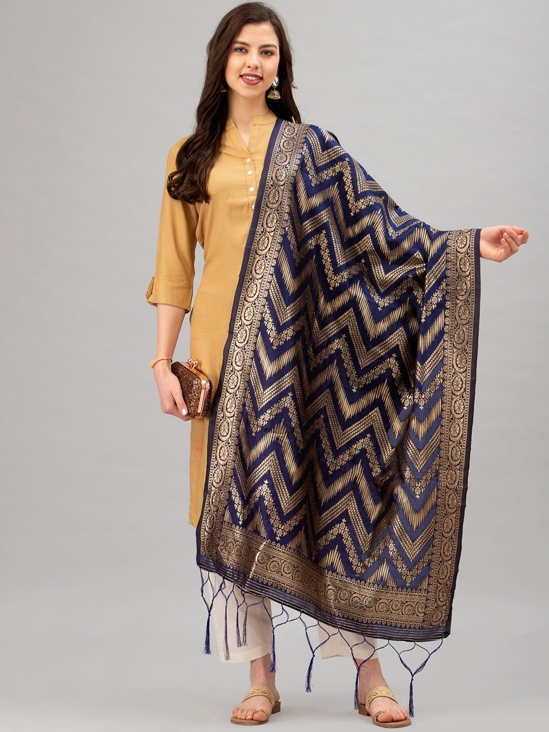 

Satrani Navy Blue & Gold-Coloured Woven Design Jacquard Banarasi Dupatta