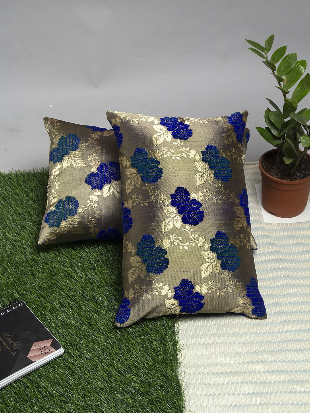 

Alina decor Set Of 2 Blue & Green Floral Rectangle Cushion Covers
