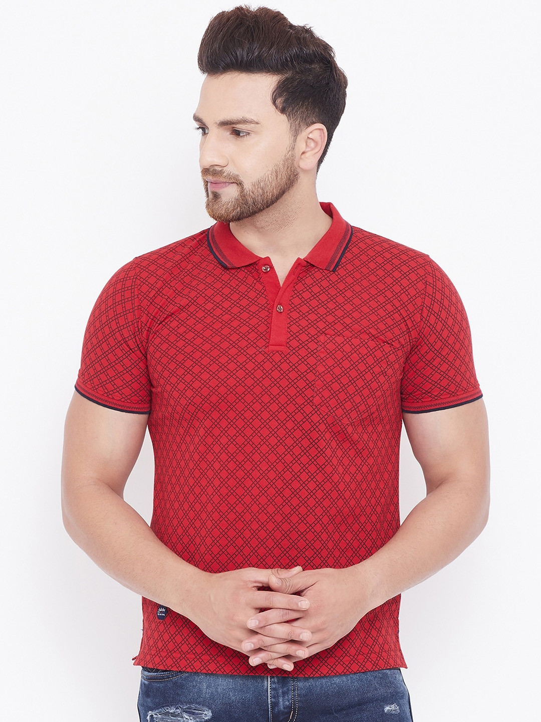 

Adobe Men Red Printed Polo Collar T-shirt