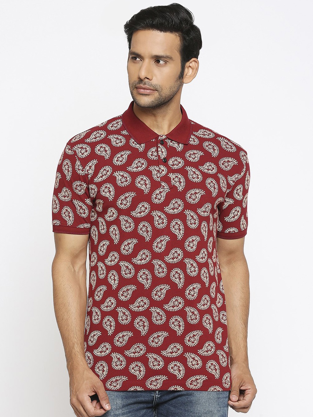 

Mufti Men Maroon Printed Polo Collar T-shirt