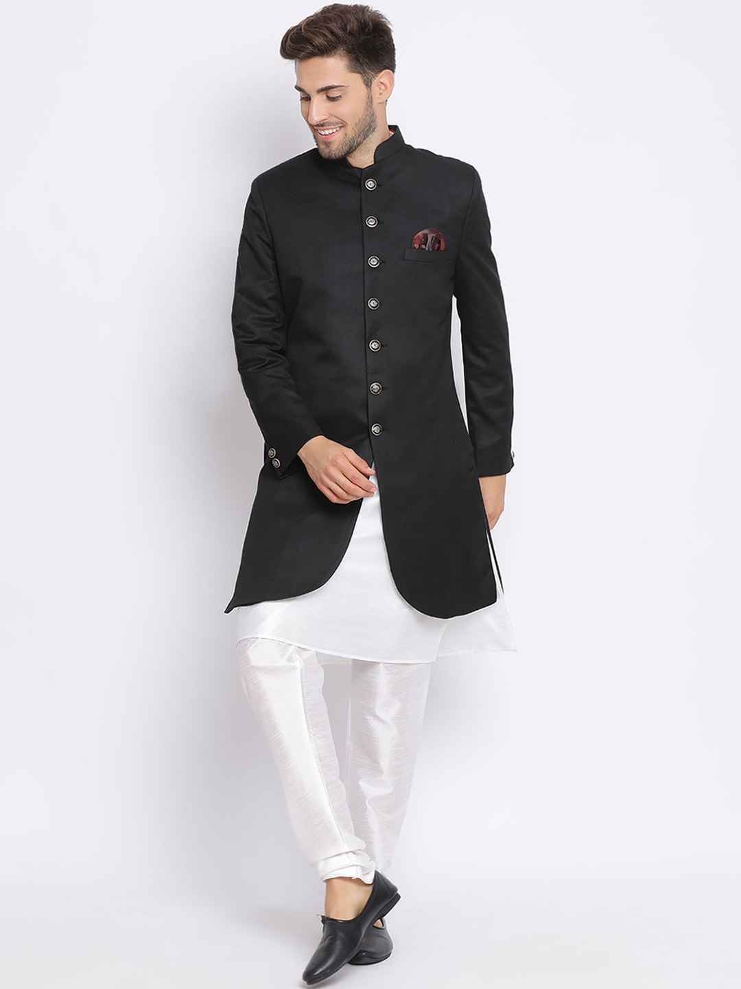 

Hangup Men Black & White Solid Sherwani Set