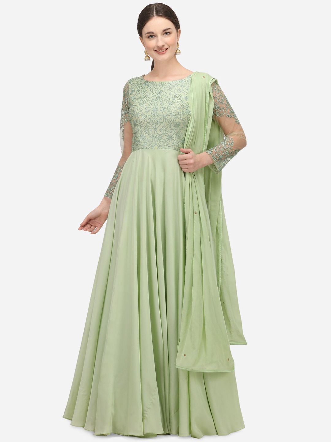 

NAKKASHI Women Green Embroidered Sequin Gown Dress with Chiffon Dupatta