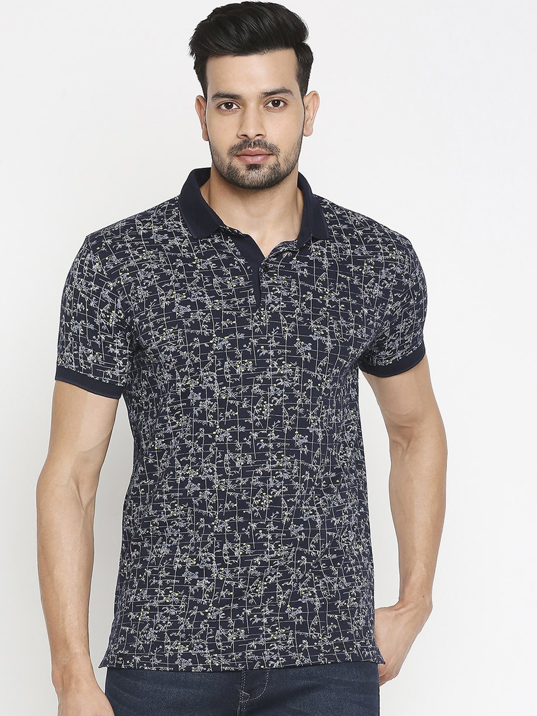 

Mufti Men Navy Blue Printed Polo Collar T-shirt