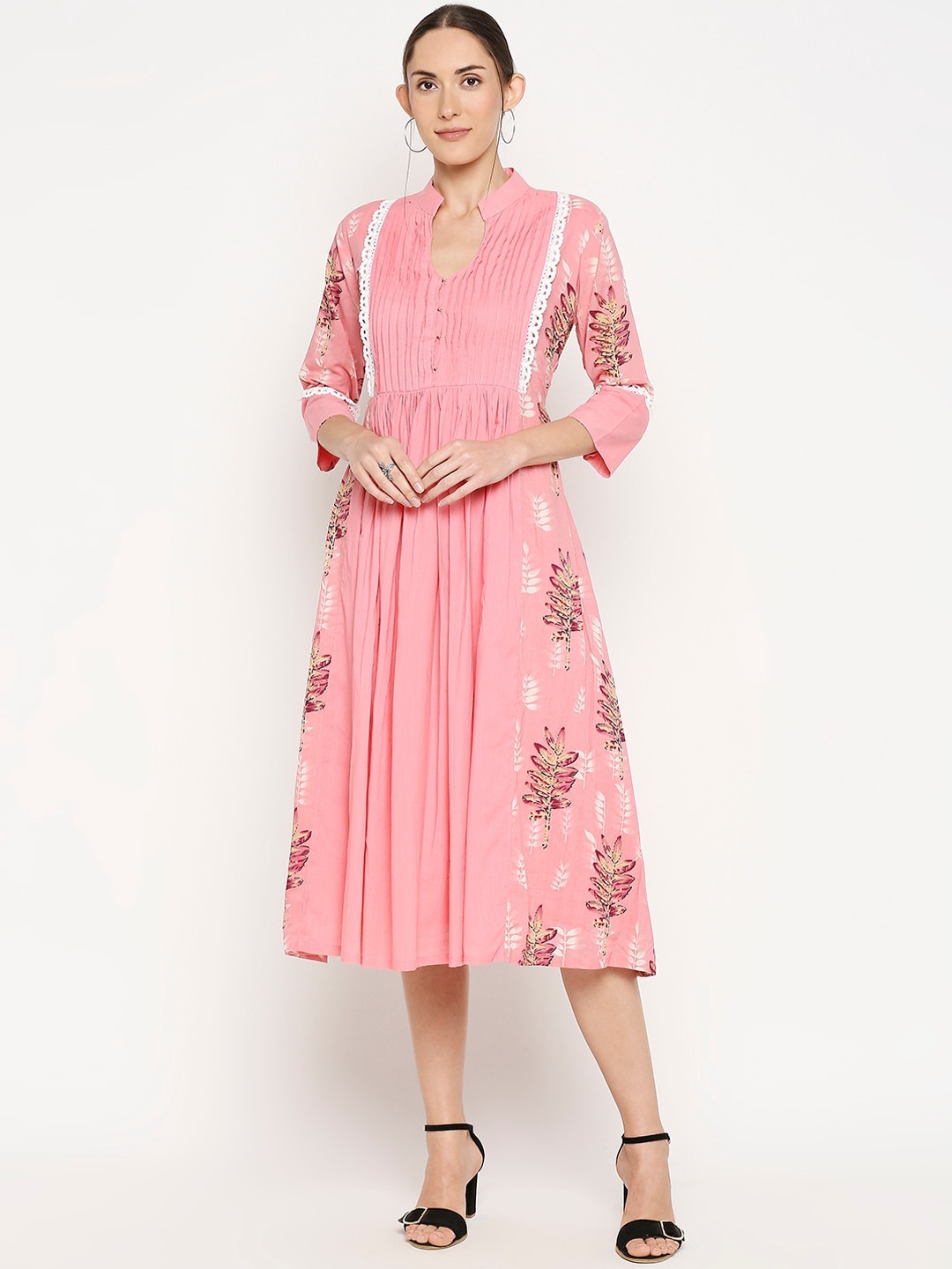 

Monk & Mei Women Pink & Red Printed Pleated Sustainable Fit and Flare Dress