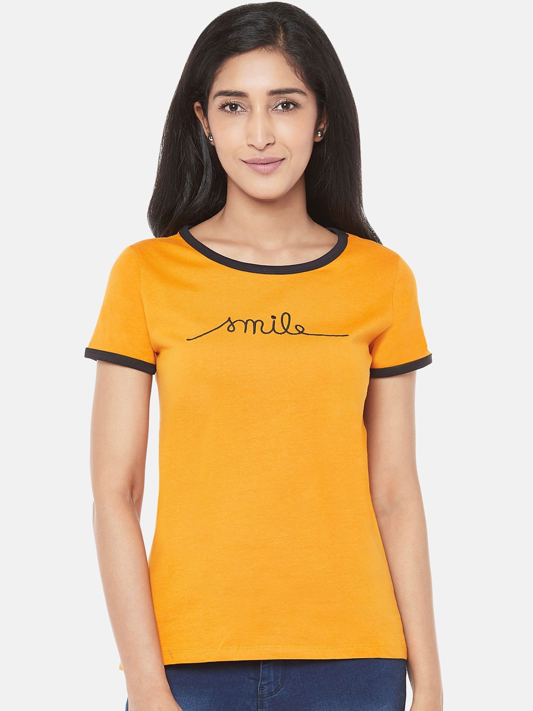 

Honey by Pantaloons Women Mustard Yellow Printed Round Neck T-shirt