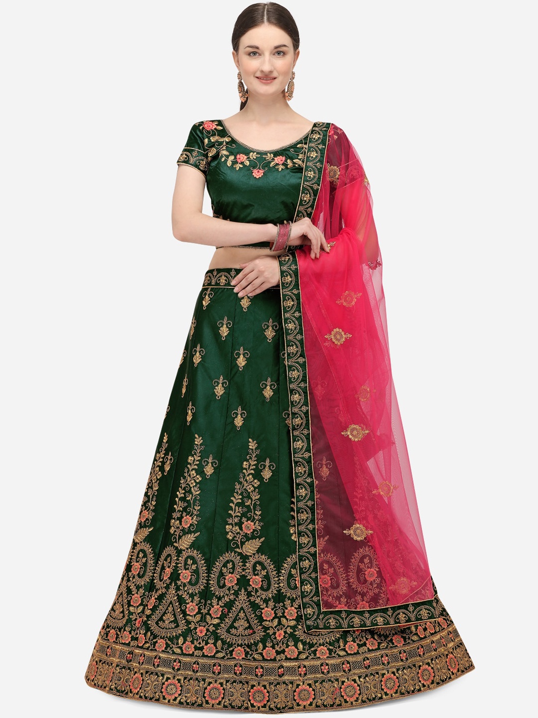 

Netram Green & Gold-Toned Embroidered Semi-Stitched Lehenga & Unstitched Blouse with Dupatta