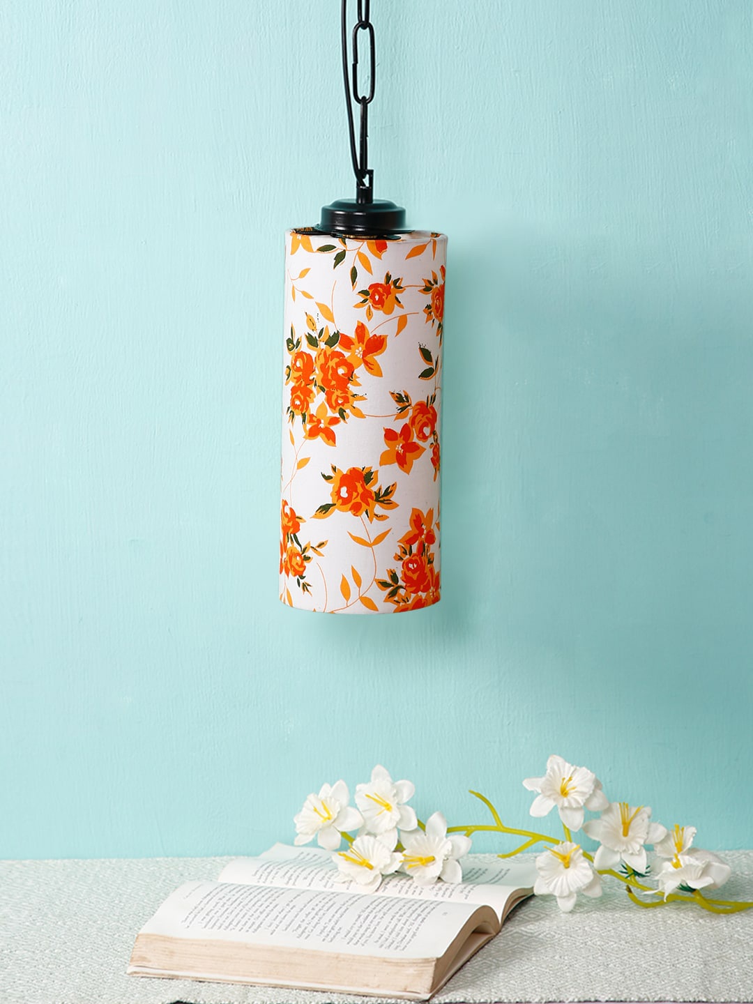 

Devansh Off-White & Orange Printed Cylindrical Hanging Light