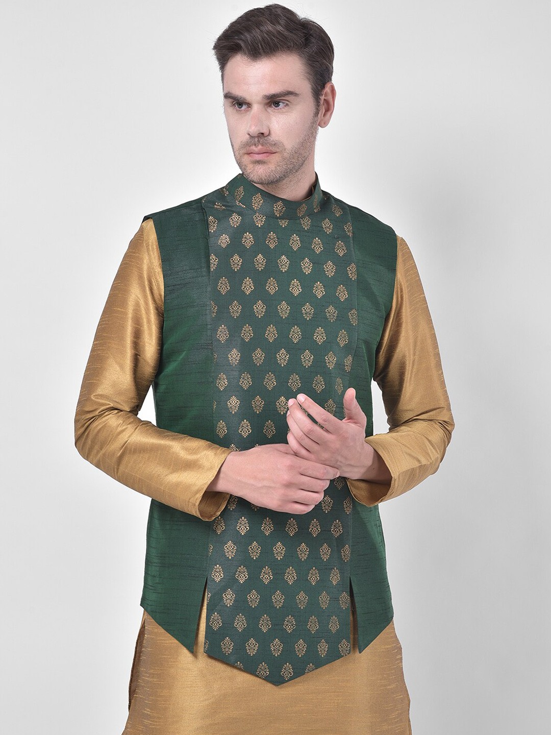 

DEYANN Men Green & Brown Woven Design Nehru Jacket