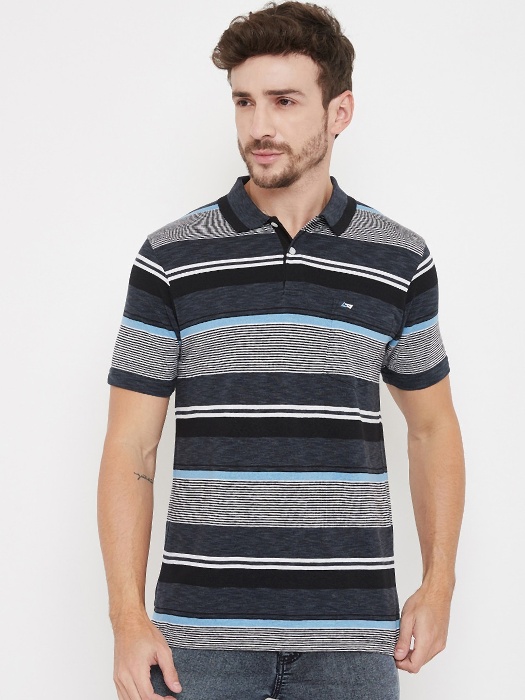 

NEVA Men Grey Striped Polo Collar T-shirt