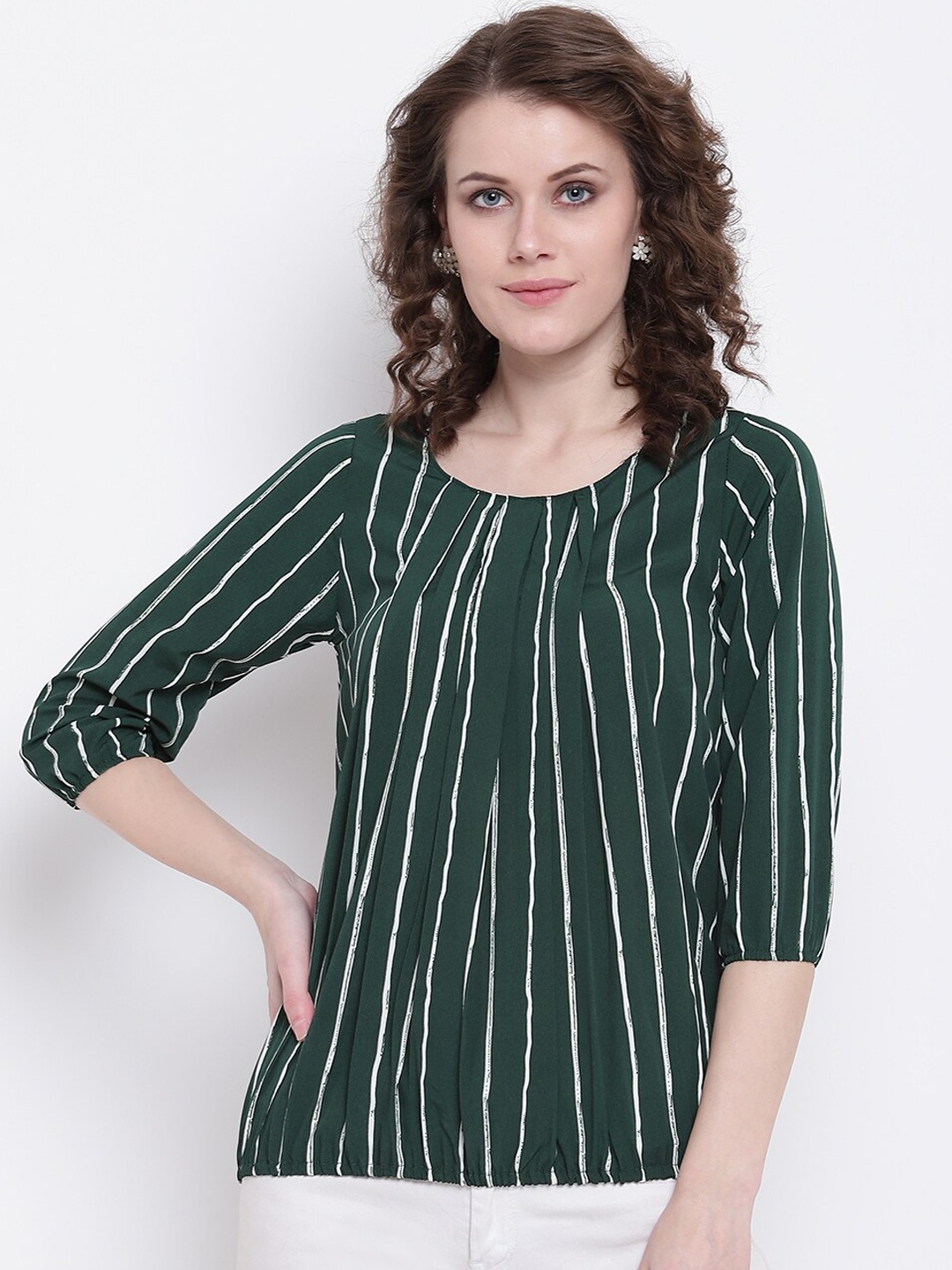 

Mayra Green & White Striped Crepe Pleated Blouson Top