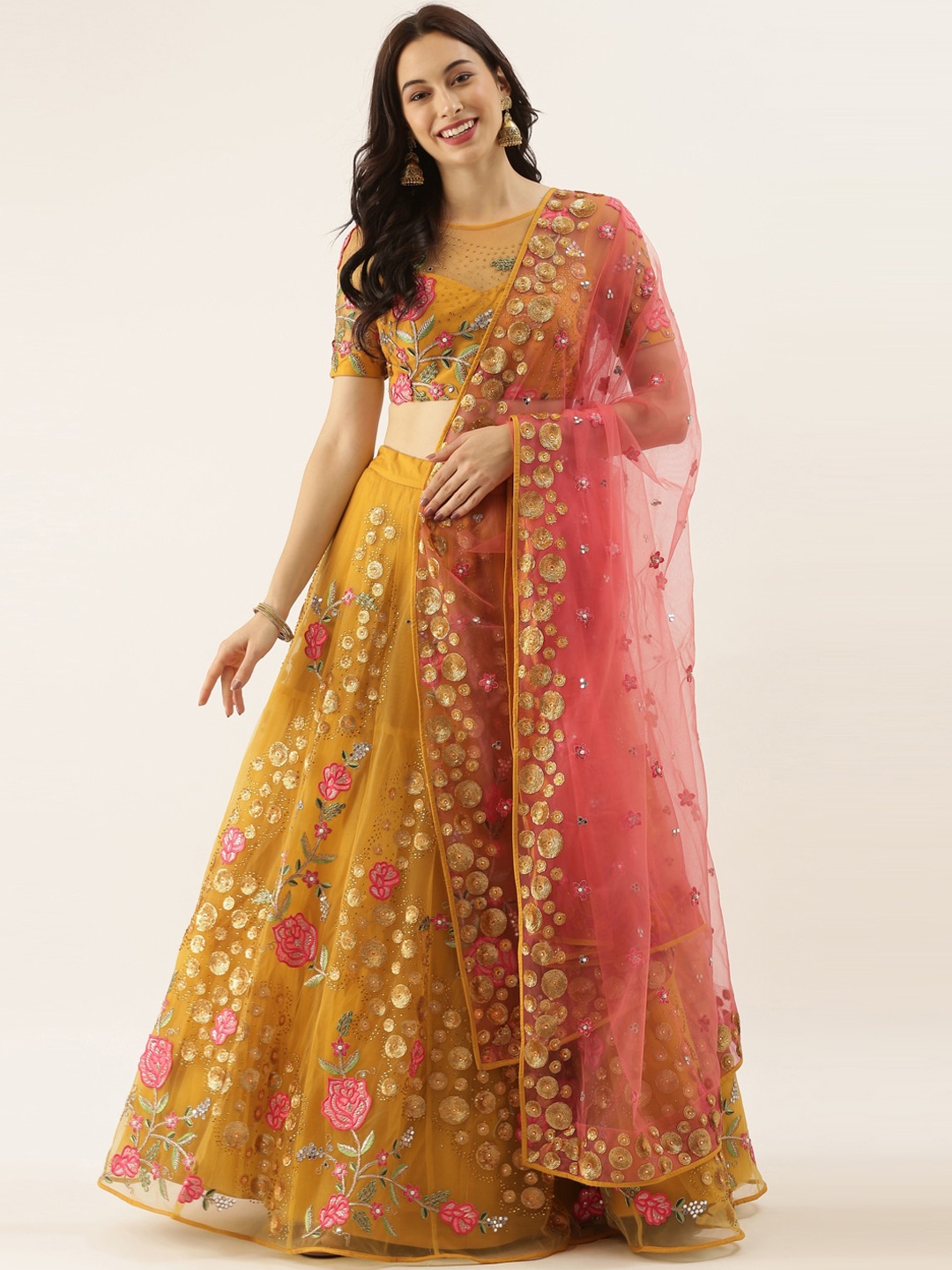 

panchhi Mustard & Pink Embroidered Semi-Stitched Lehenga & Unstitched Blouse with Dupatta
