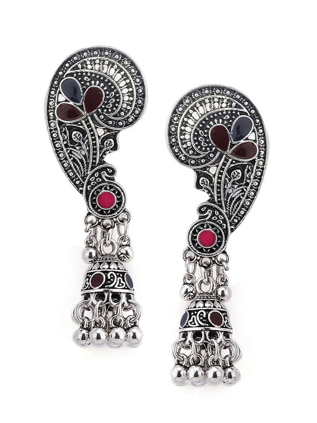 

Rubans Silver-Toned Oxidised Contemporary Jhumkas