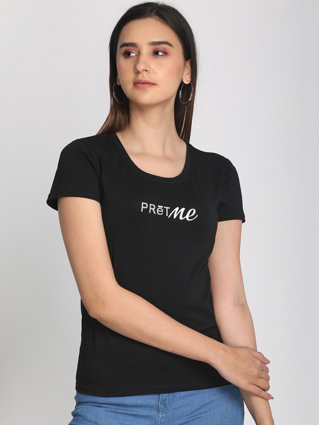 

PReT me Women Black Printed Round Neck T-shirt