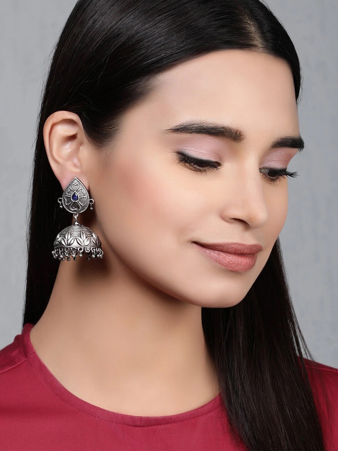

Rubans Silver-Toned Dome Shaped Jhumkas