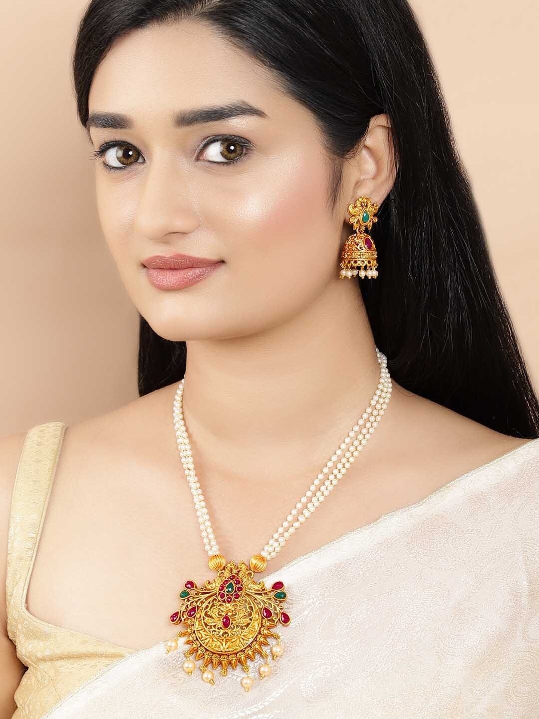 

Rubans 22k Gold-Plated Off-White & Red Stone-Studded Beaded Handcrafted Temple Jewellery Set