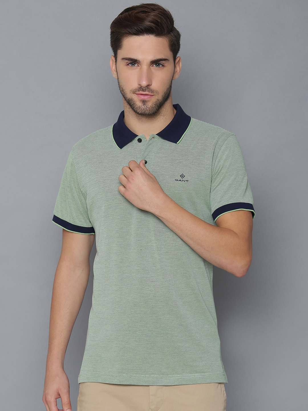 

GANT Men Green Self Design Polo Collar T-shirt