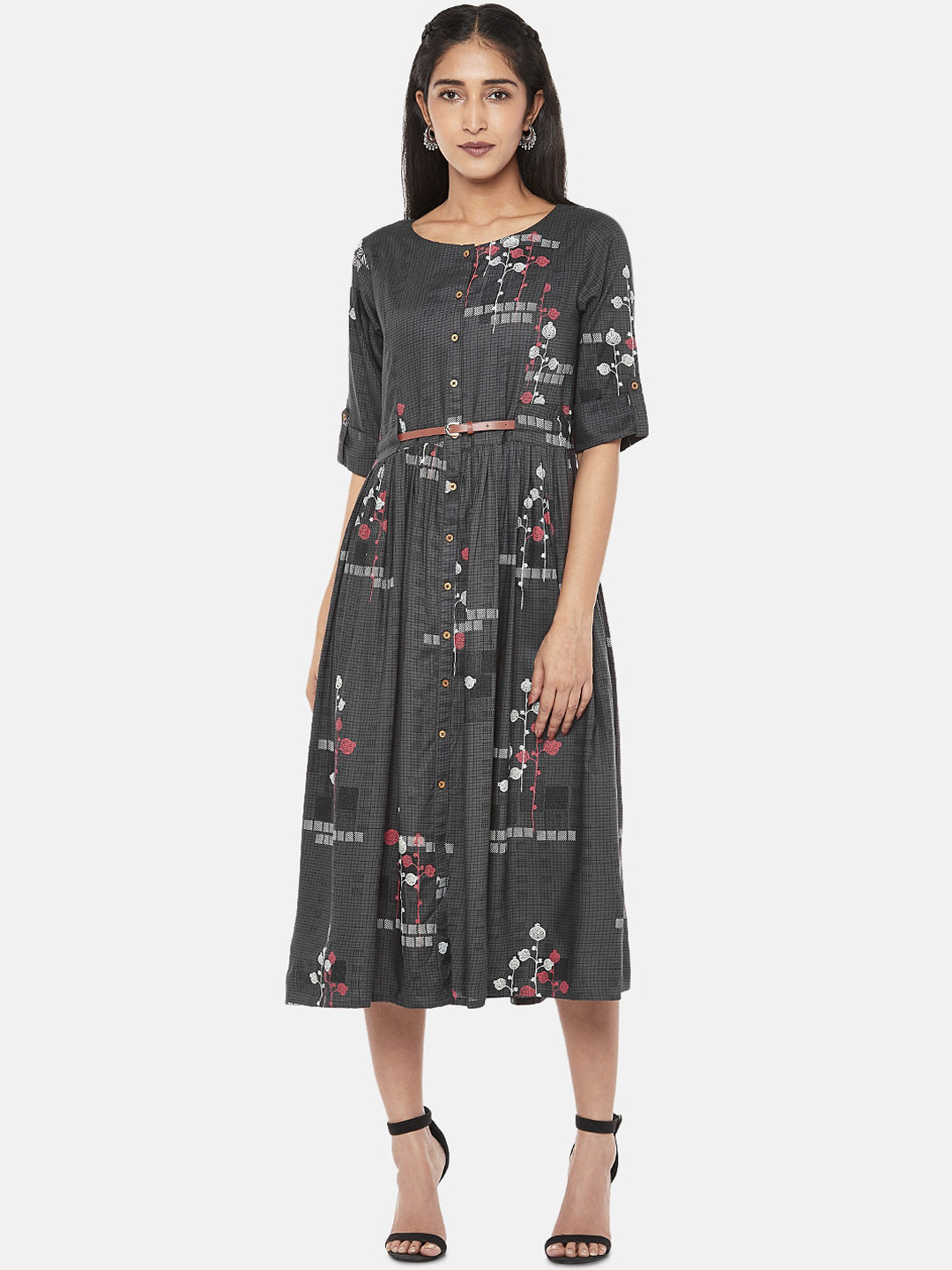 

AKKRITI BY PANTALOONS Women Charcoal Printed Fit and Flare Dress