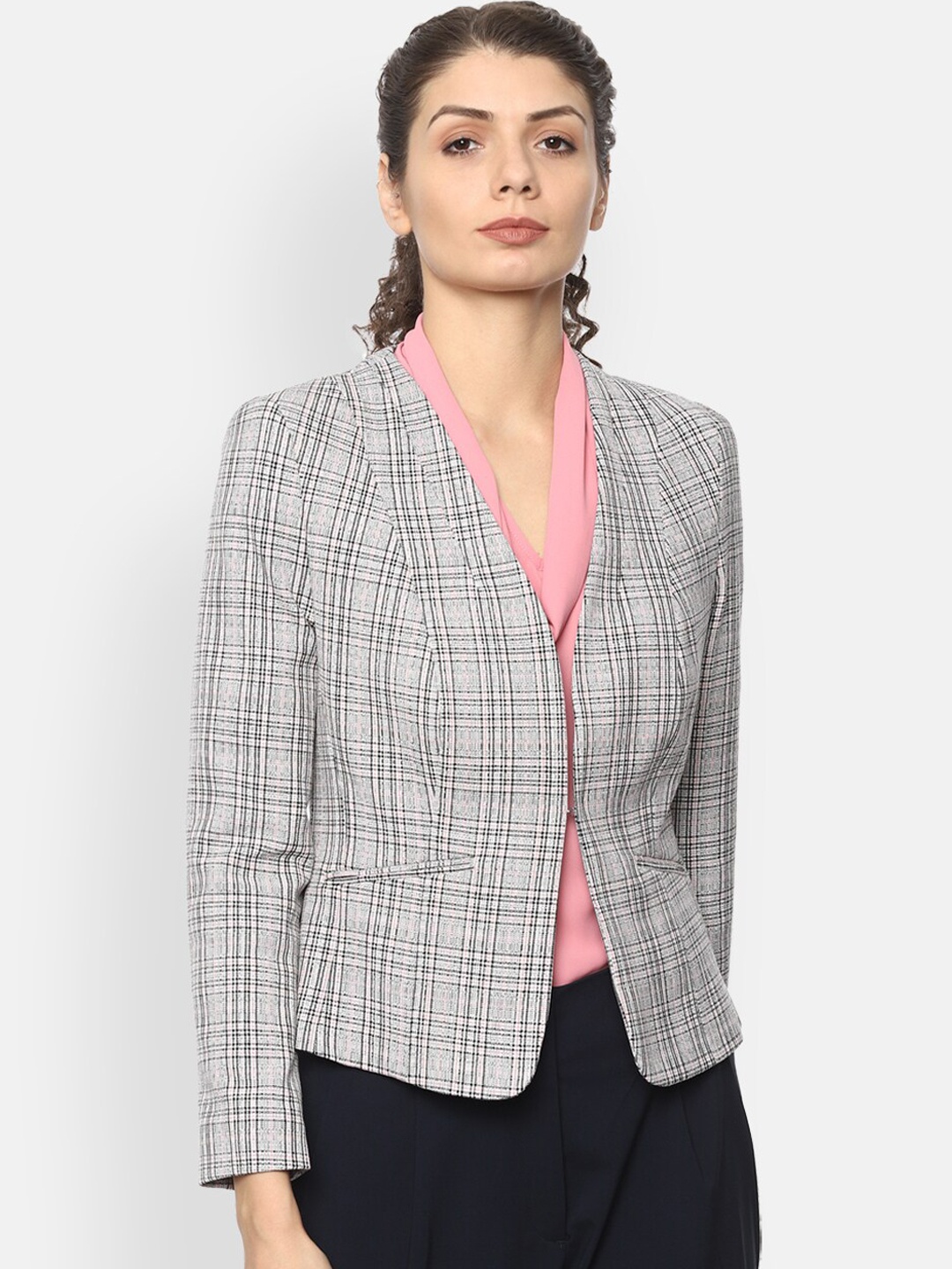

Van Heusen Woman Grey Checked Regular-Fit Single-Breasted Formal Blazer