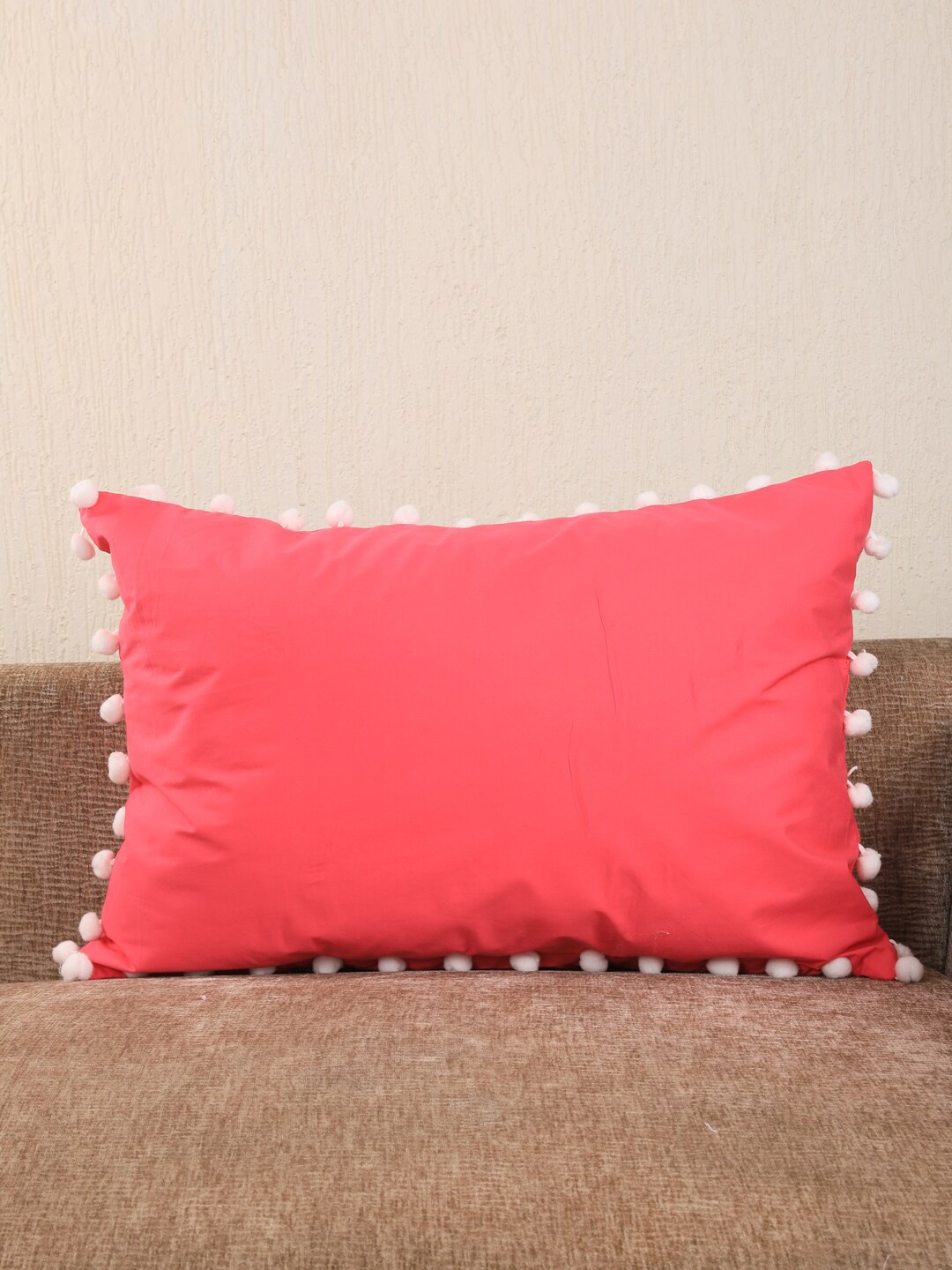 

My Gift Booth Coral-Pink Solid Pom Pom Pillow Cover