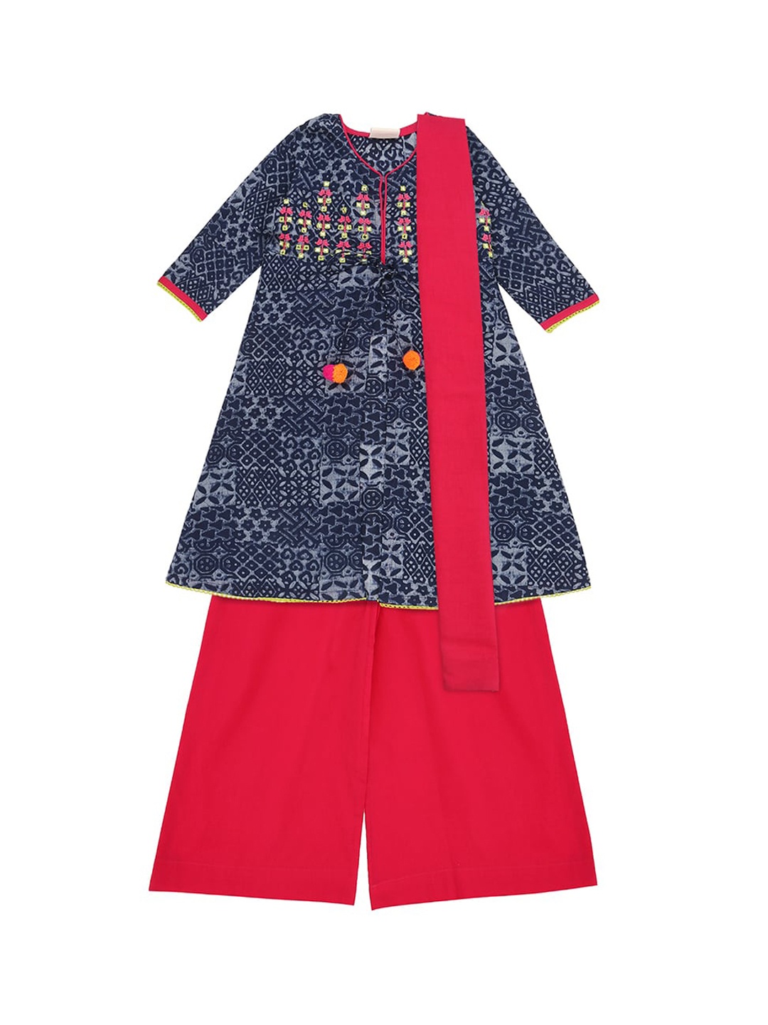 

AKKRITI BY PANTALOONS Girls Blue & Red Printed Kurta with Palazzos & Dupatta