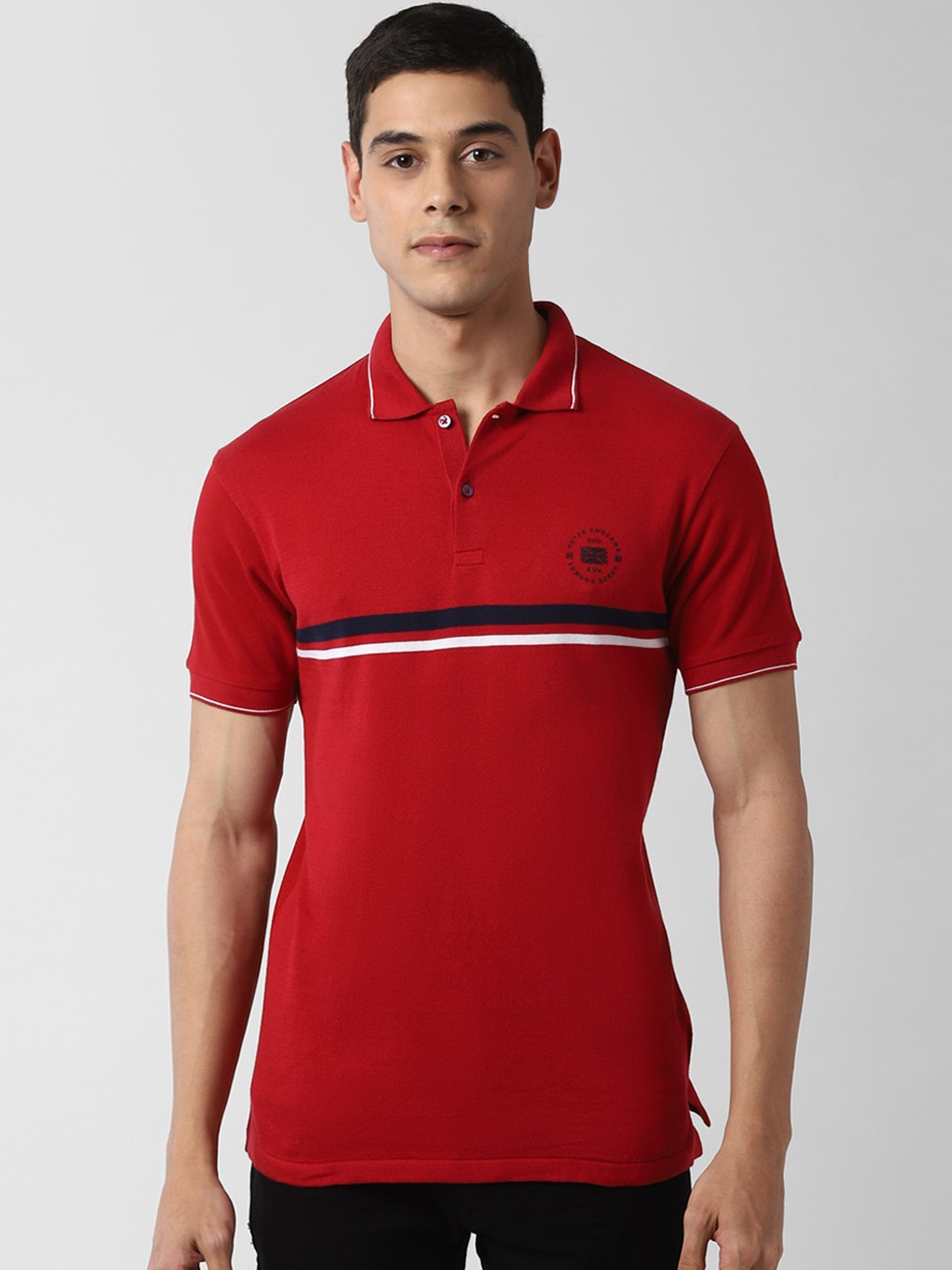 

Peter England Casuals Men Red & Navy Blue Striped Polo Collar T-shirt