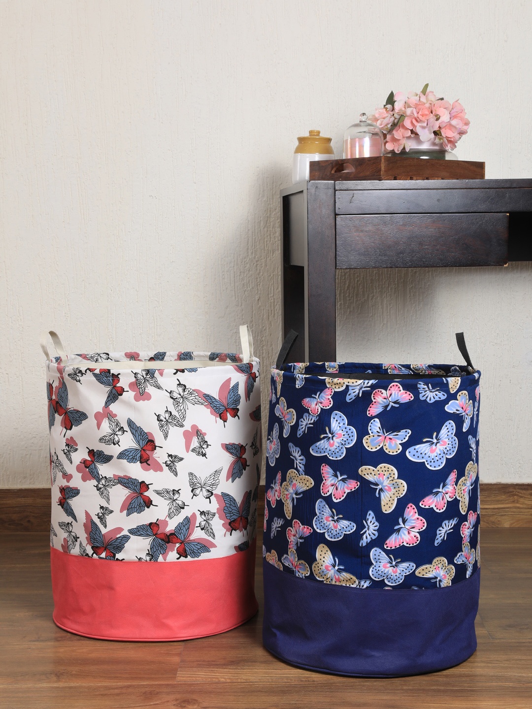 

My Gift Booth Set Of 2 Off- White & Blue Butterfly Printed Laundry Bags