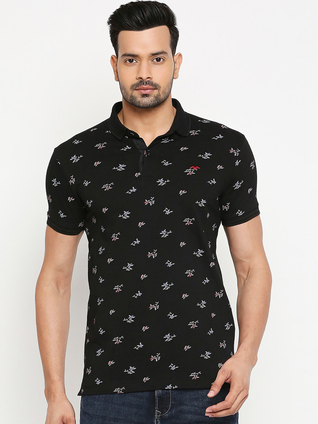 

Mufti Men Black Grey Floral Printed Polo Collar Pure Cotton T-shirt