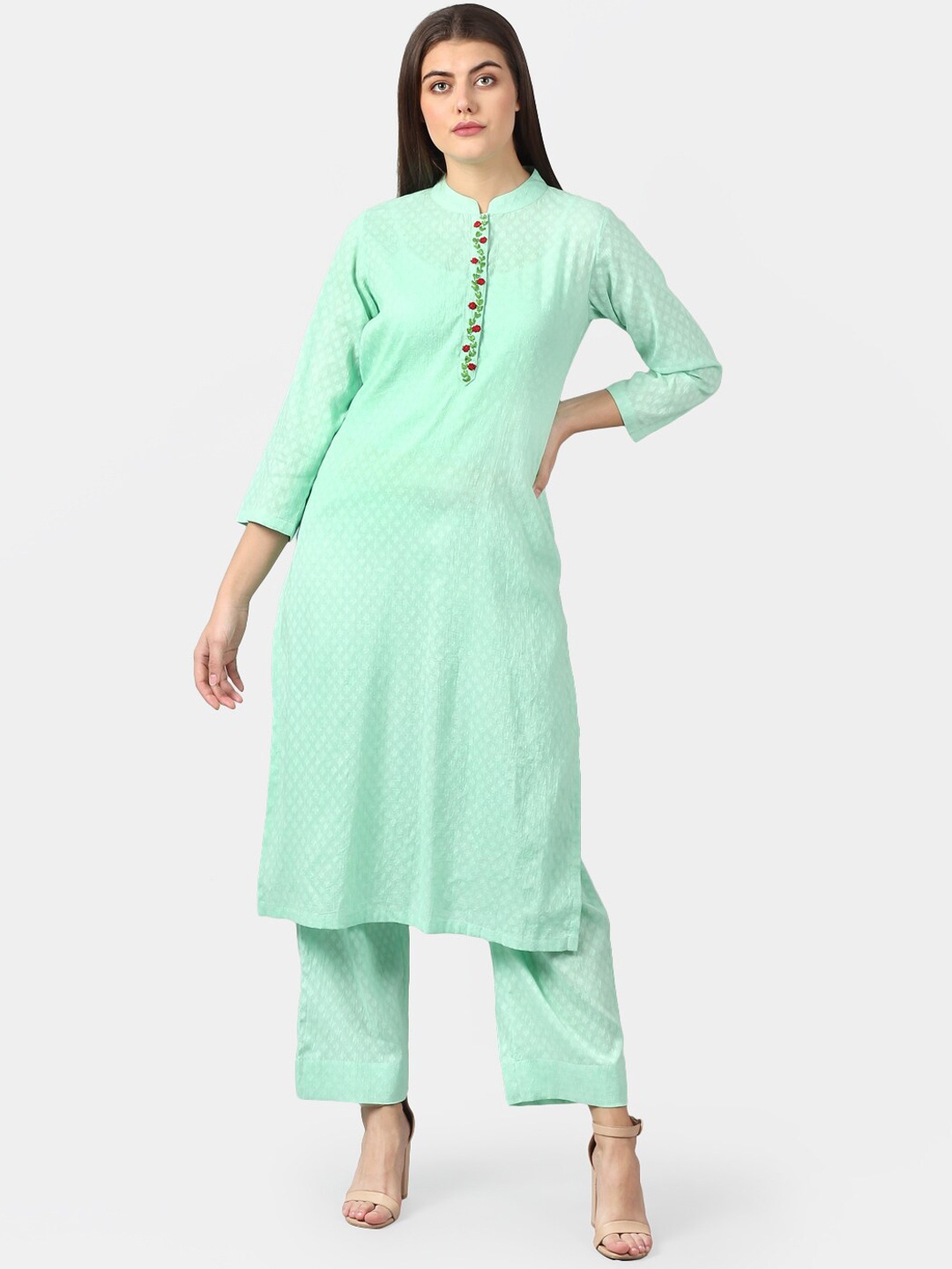 

Dart Studio Women Sea Green Floral Embroidered Thread Work Jacquard Kurta