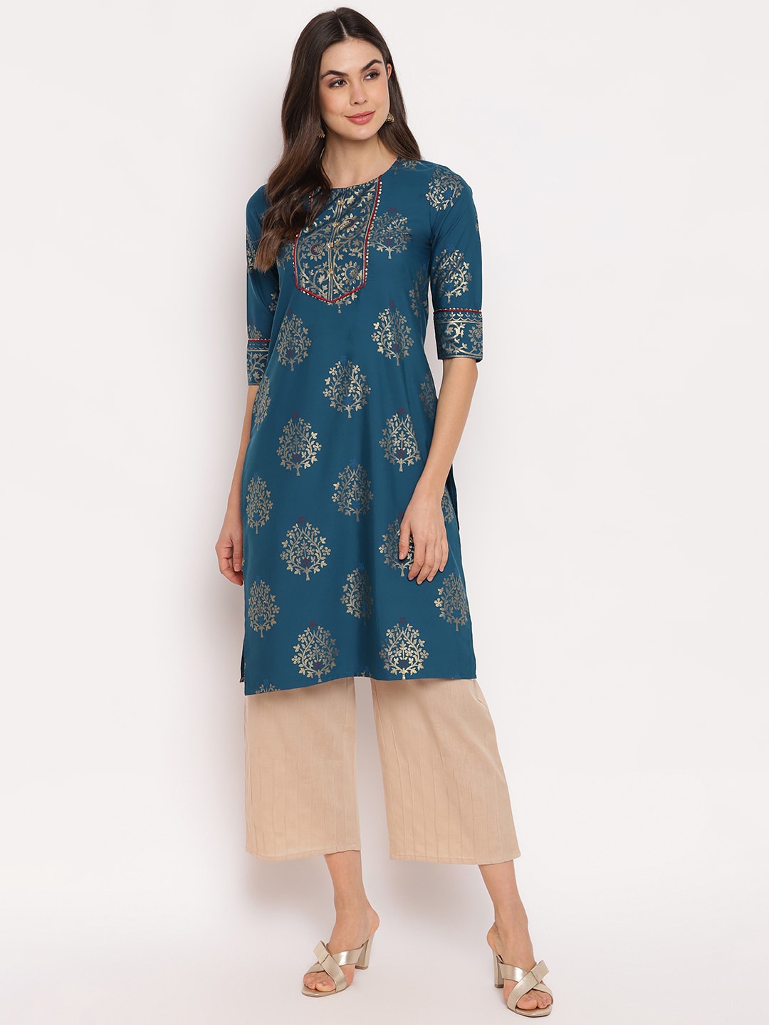 

Napra Women Teal & Gold-toned Ethnic Motifs Printed Kurta