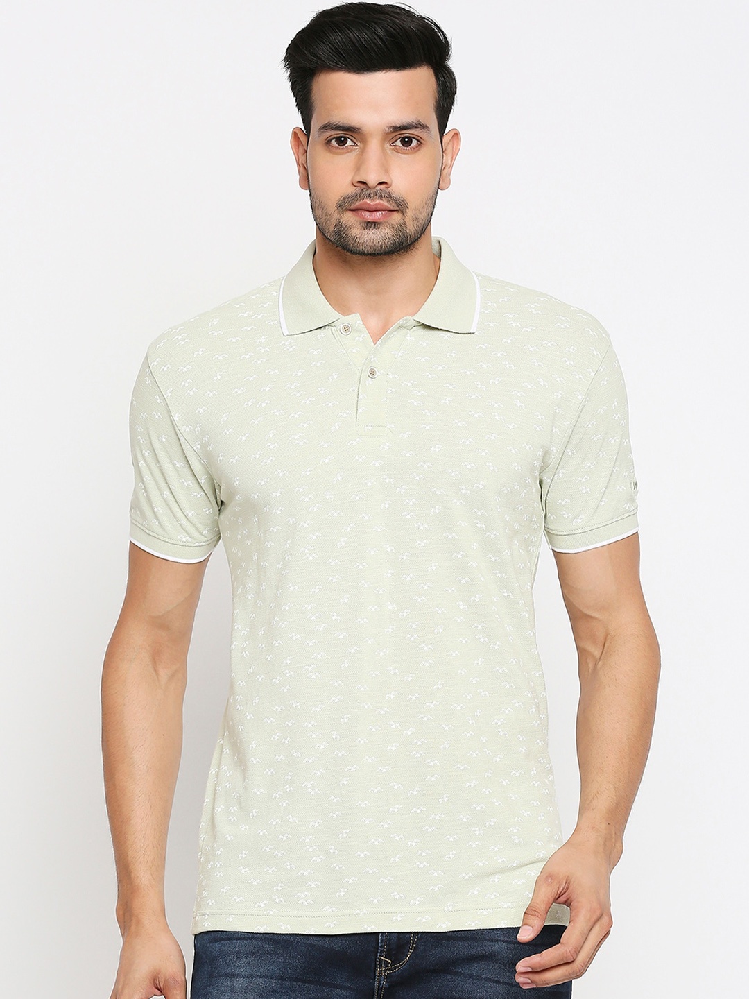 

Mufti Men Green Self Design Polo Collar T-shirt