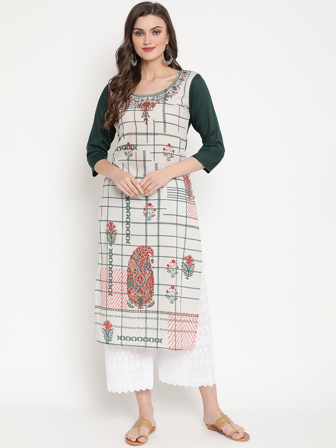 

Ramas Women Off White & Green Colourblocked Kurta