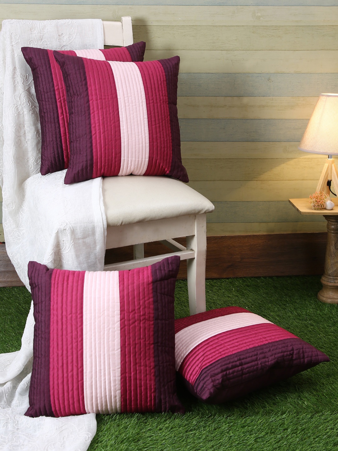 

ROMEE Purple & Pink Set of 5 Striped Square Cushion Covers