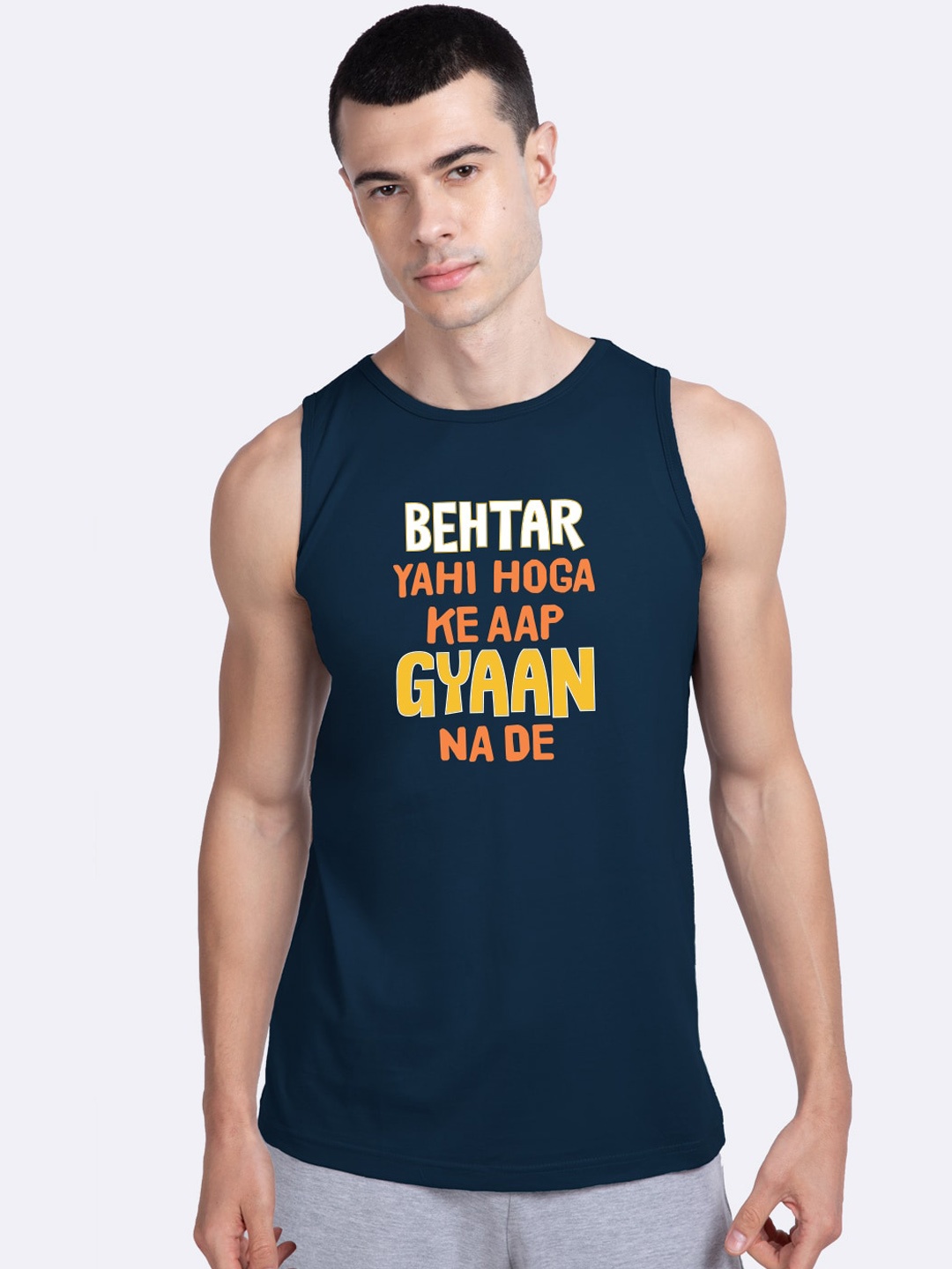 

Bewakoof Gyaan Typography Printed Cotton Gym Vest, Navy blue