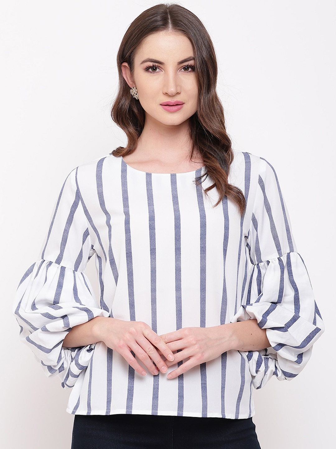 

Mayra White & Blue Striped Crepe Regular Top