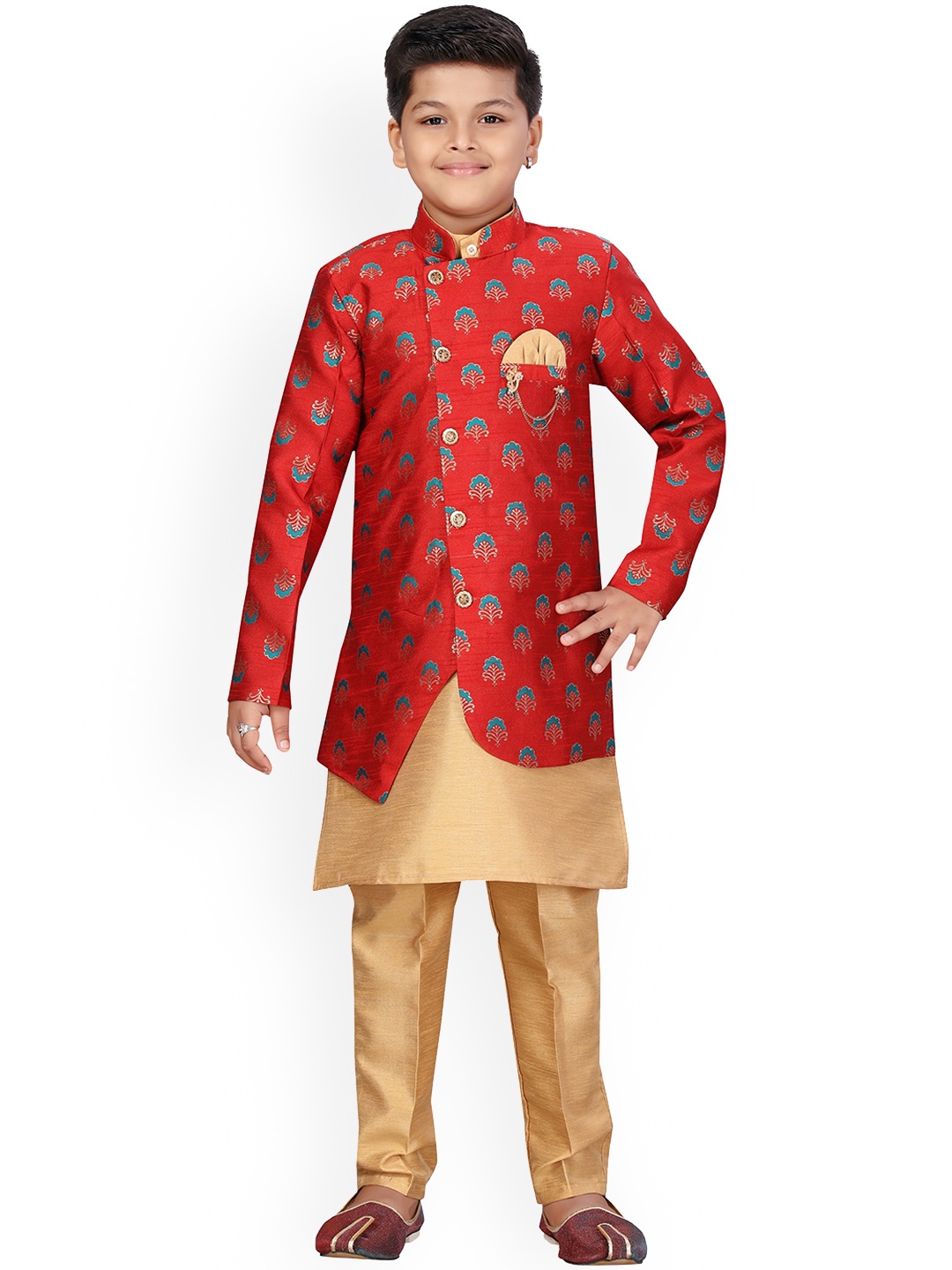 

ahhaaaa Boys Red & Gold-Toned Solid Kurta with Pyjamas