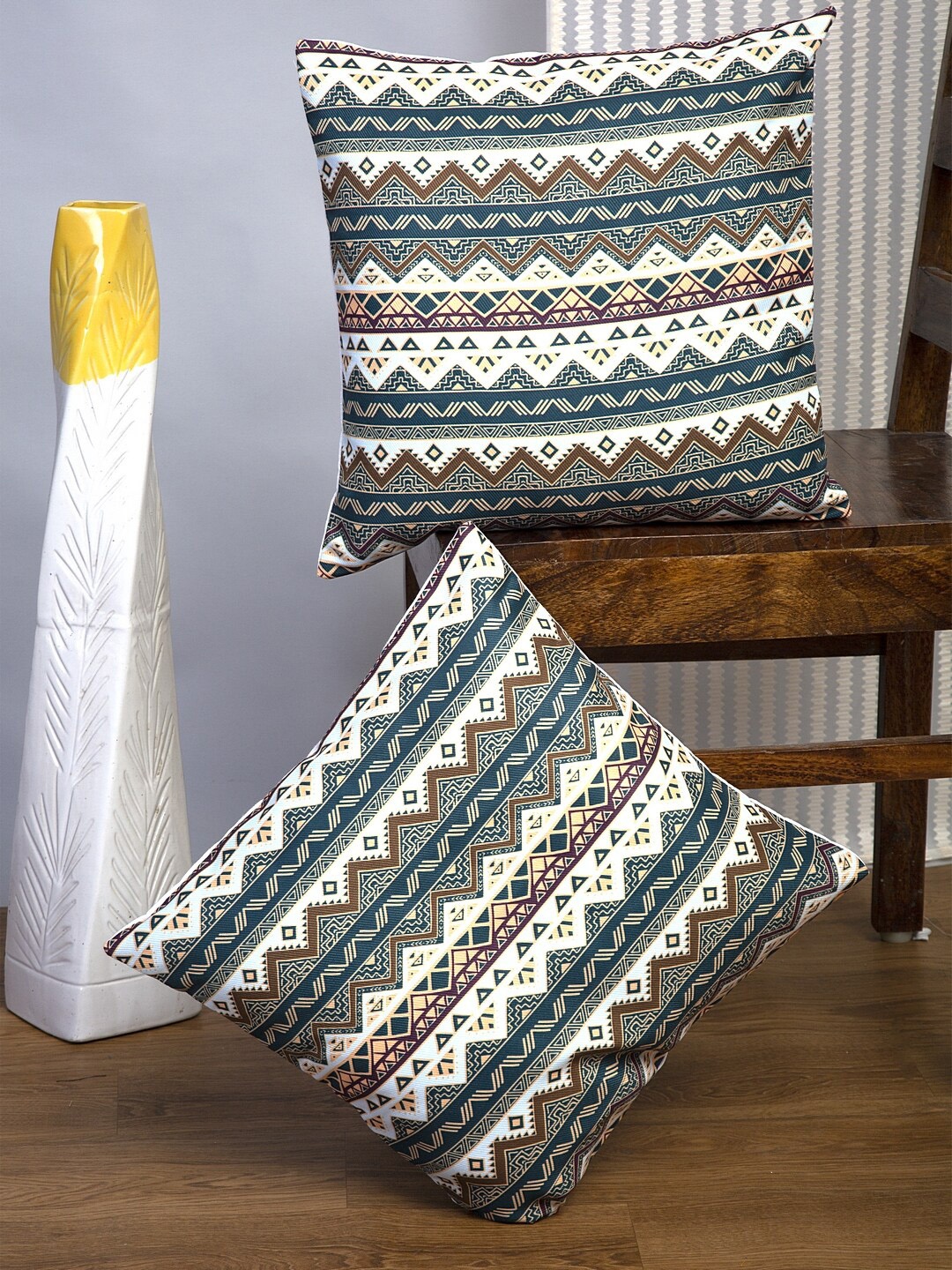 

Alina decor Green & Beige Set of 2 Ethnic Motifs Square Cushion Covers