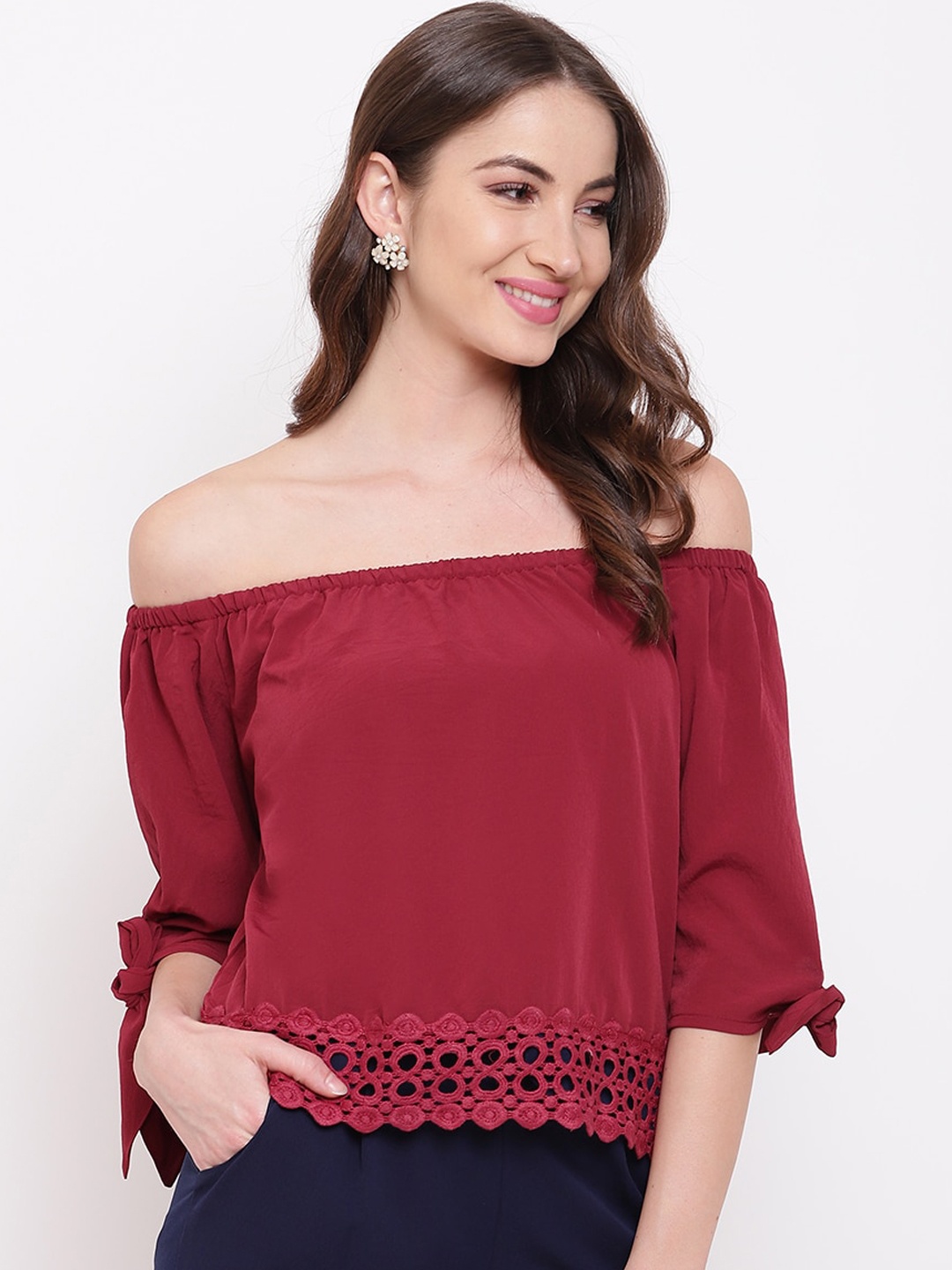 

Mayra Maroon Lace Detailed Top