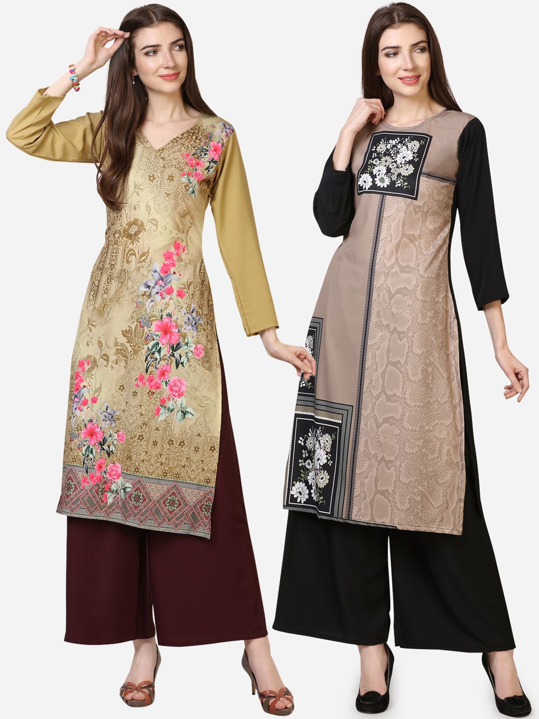 

Florence Women Pack Of 2 Floral Printed Crepe Kurta, Brown