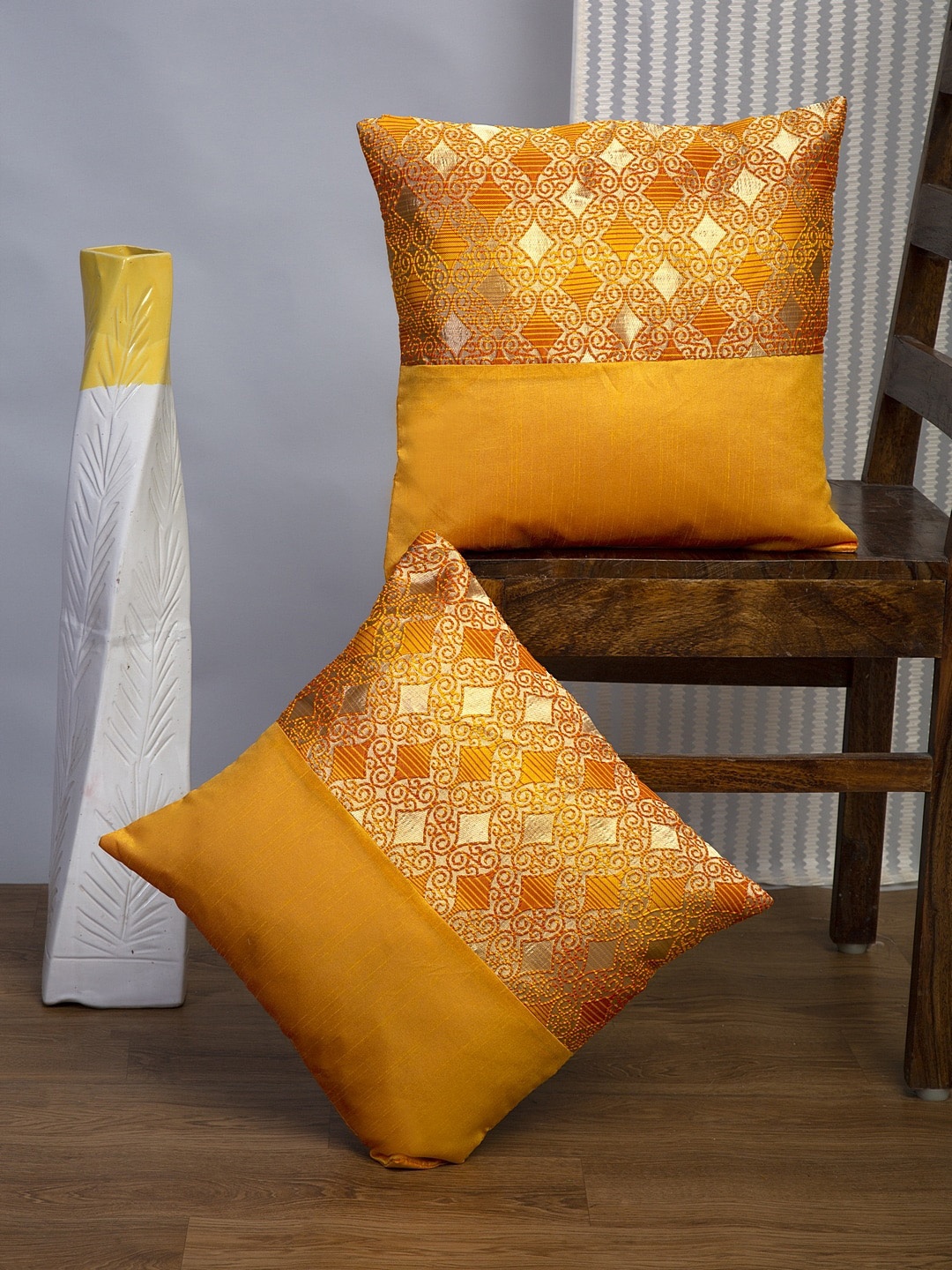 

Alina decor Mustard Yellow Set of 2 Ethnic Motifs Square Cushion Covers