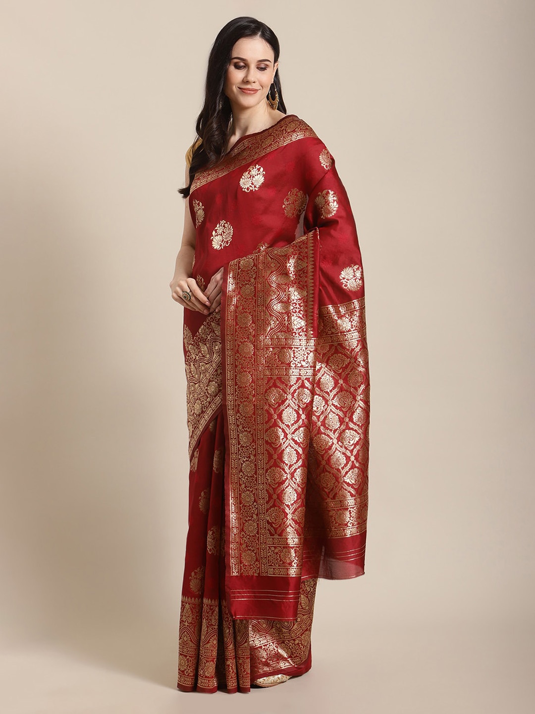 

Mitera Maroon & Gold-Toned Silk Blend Woven Design Kanjeevaram Saree
