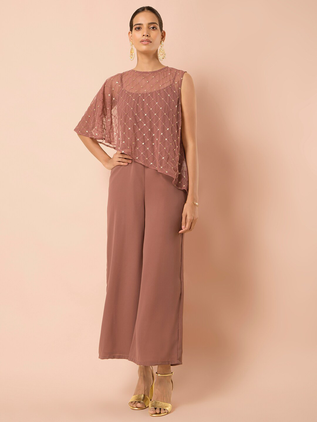 

INDYA Women Taupe Self Design Jumpsuit