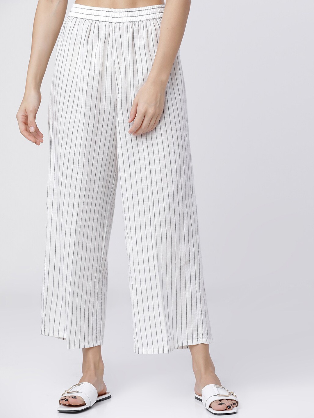 

Vishudh Women Off-White & Grey Striped Straight Palazzos