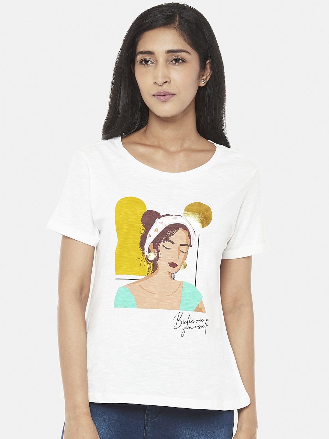 

Honey by Pantaloons Women Off-White Printed Round Neck Cotton Pure Cotton T-shirt