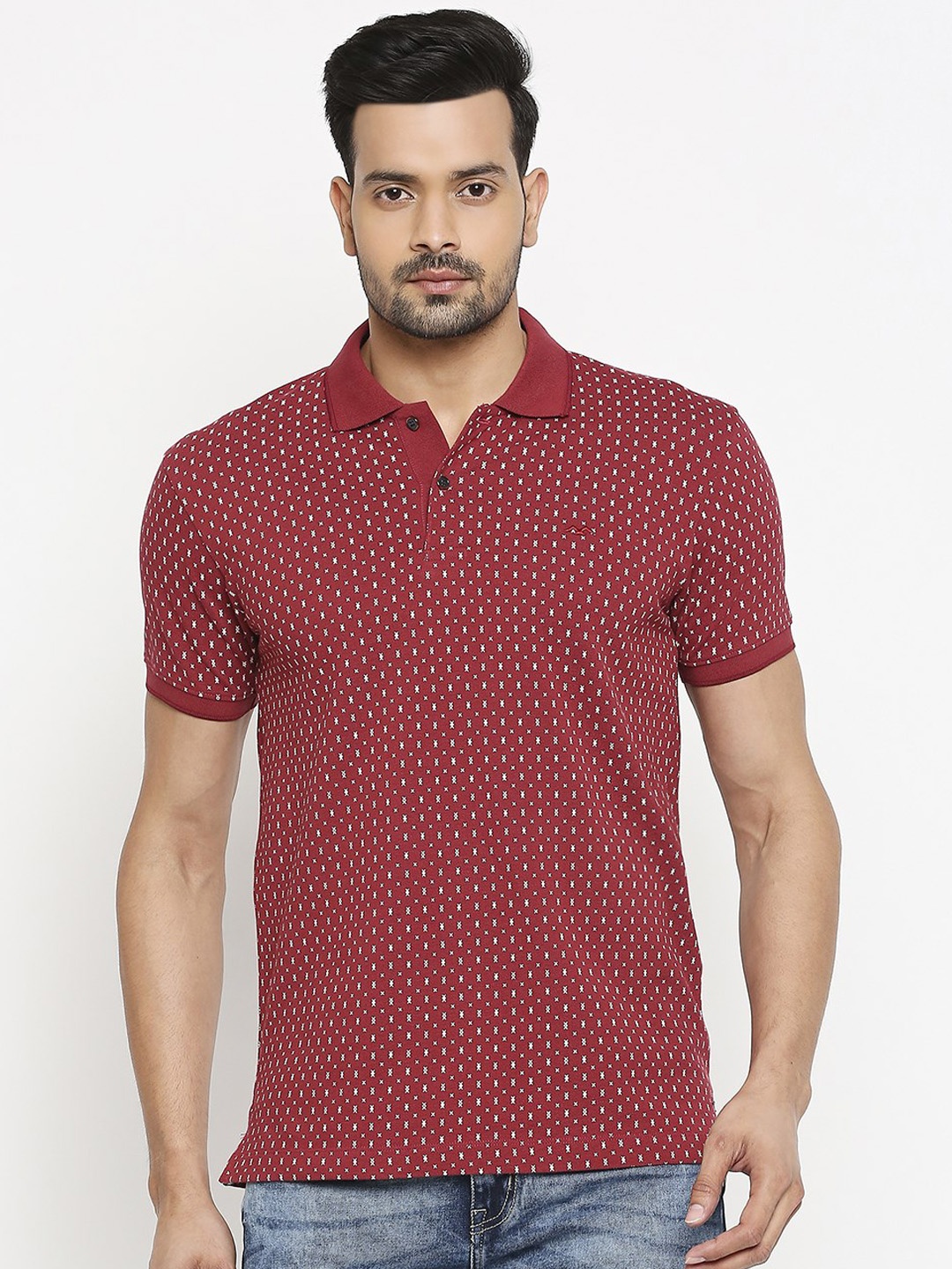 

Mufti Men Maroon White Printed Polo Collar Pure Cotton T-shirt