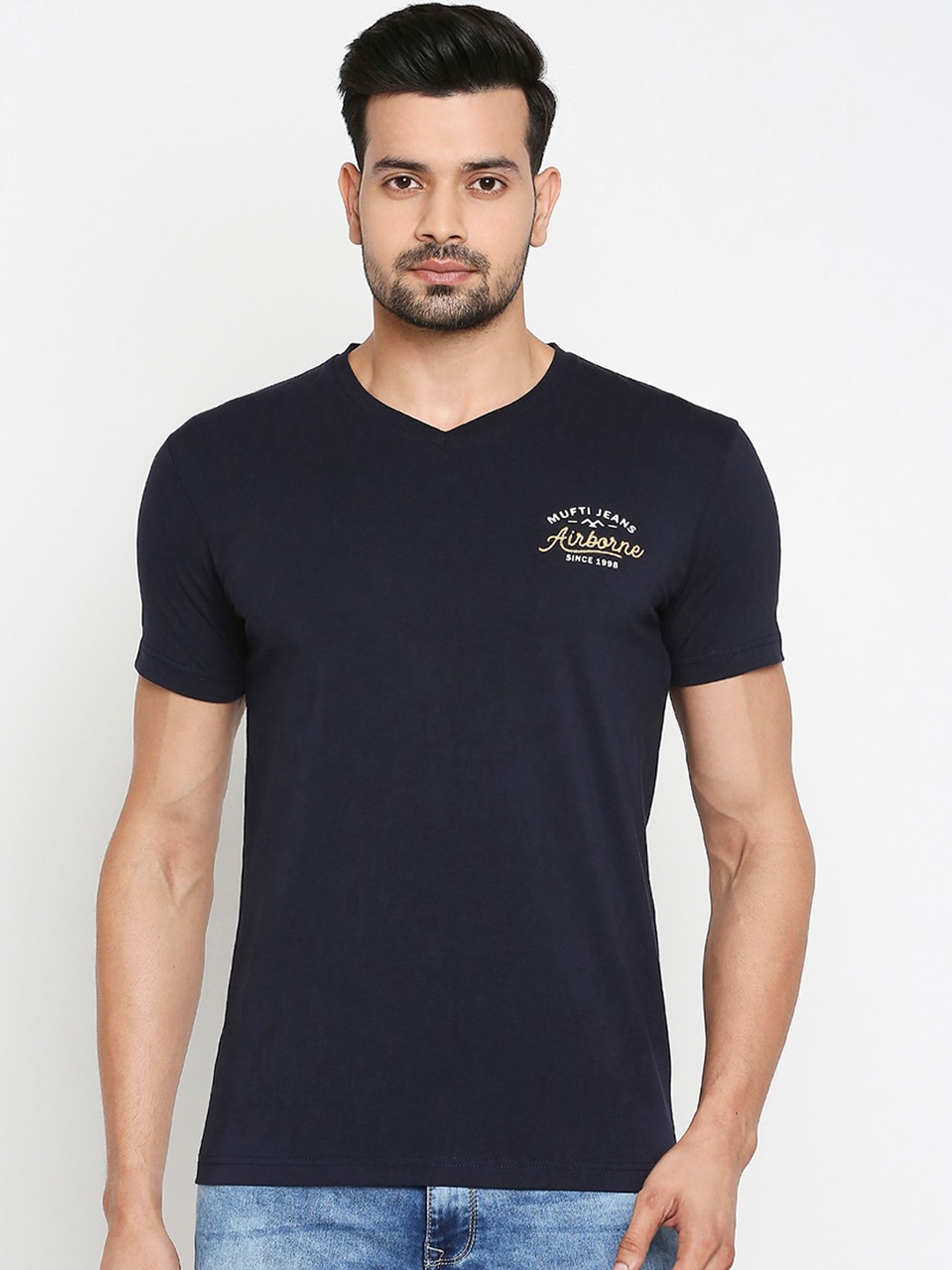 

Mufti Men Navy Blue Solid V-Neck T-shirt