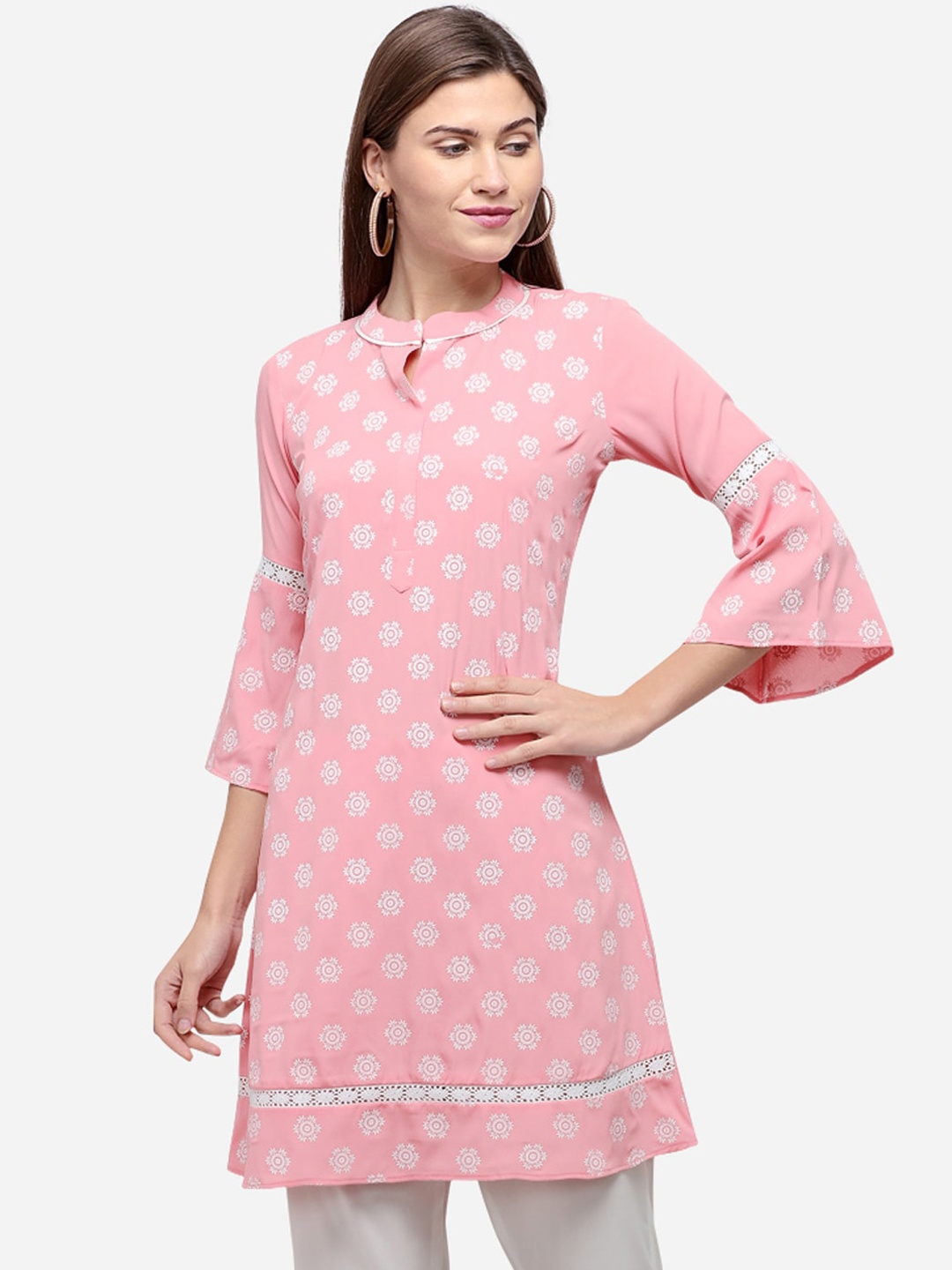 

Sanisa Women Pink Ethnic Motifs Printed Bell Sleeves Crepe Khadi Kurta