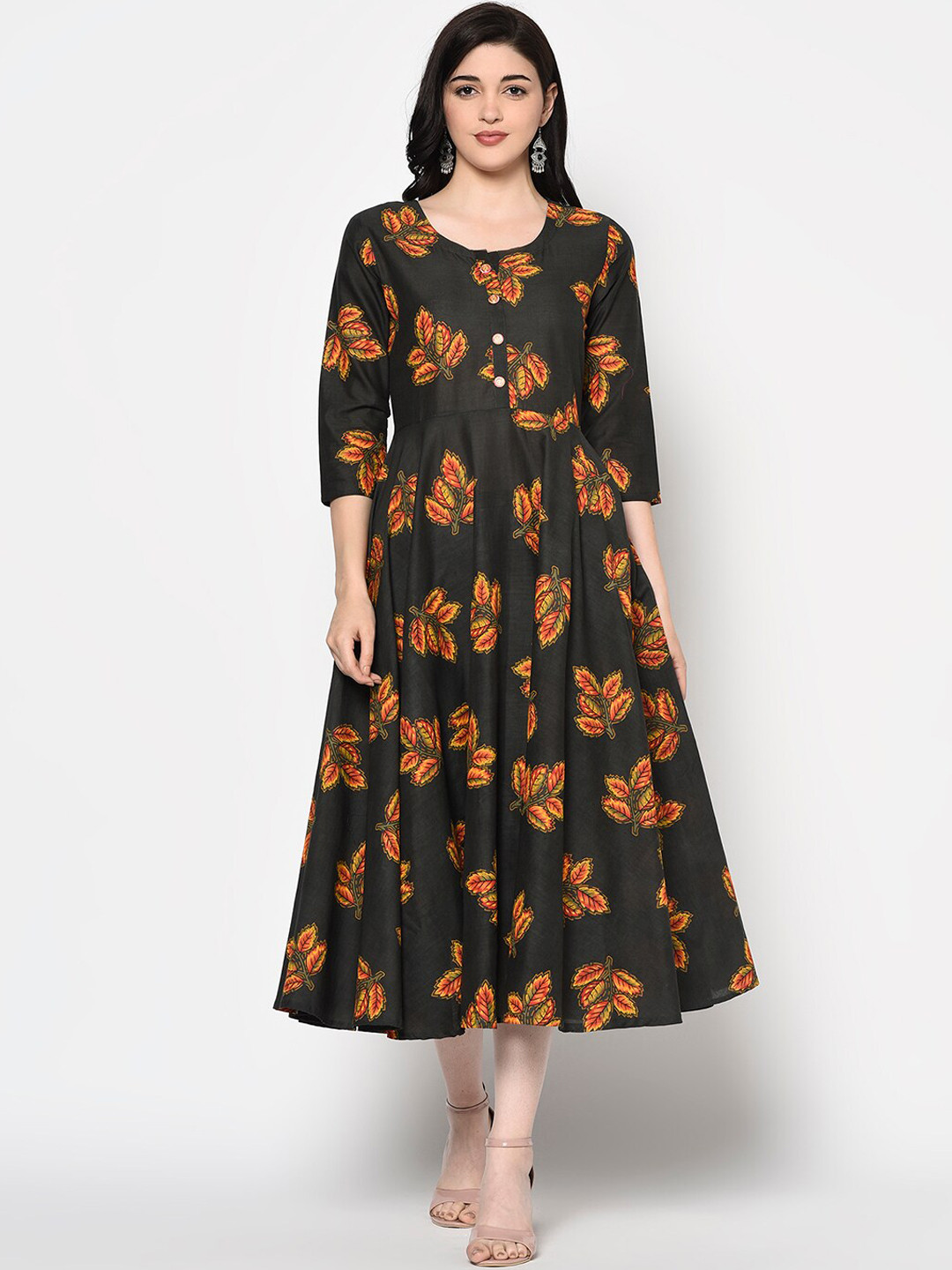

GULMOHAR JAIPUR Women Grey & Orange Printed Fit and Flare Dress